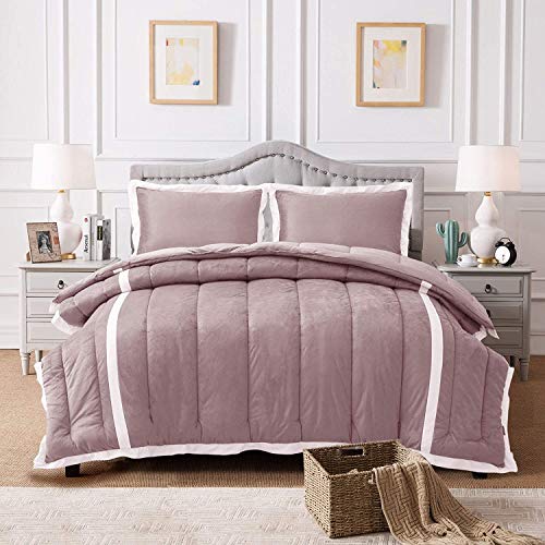 Kasentex Luxury Velvet Plush Fleece Micromink Down Alternative Comforter Set With Stripe Design Soft Flannel Bedding, Reversible And Machine Washable(Orchard Pink, Queen Size Comforter Set) #TOP12