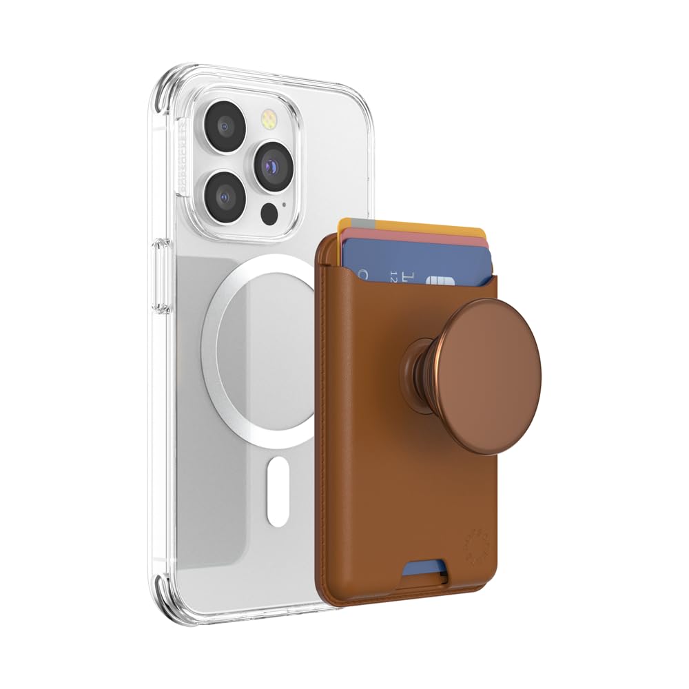 PopSockets Softgoods Phone Wallet with Expanding Grip and Adapter Ring for MagSafe, Phone Card Holder, Wireless Charging Compatible, Wallet Compatible with MagSafe - Cognac