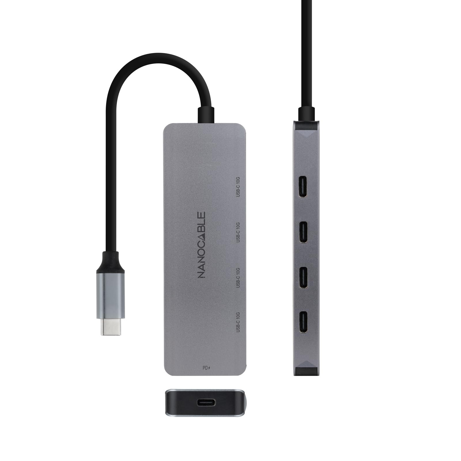 NANOCABLE 10.16.4505 koncentrator USB-C męski na 4 x USB-C żeński + USB-C PD 100 W, aluminium, 10 cm, szary, USB 3.2 Gen 2 x 1, kompatybilny z Windows, MacOS i Linux