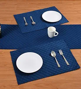 HOMADORN Premium Velvet Quilted Table Runner (13 inches X 72 inches) for 6 Seater Dining Table with Placemats ( 13 inches x 20 inches ) (Blue ( 1 Table Runner + 4 Placemats ))