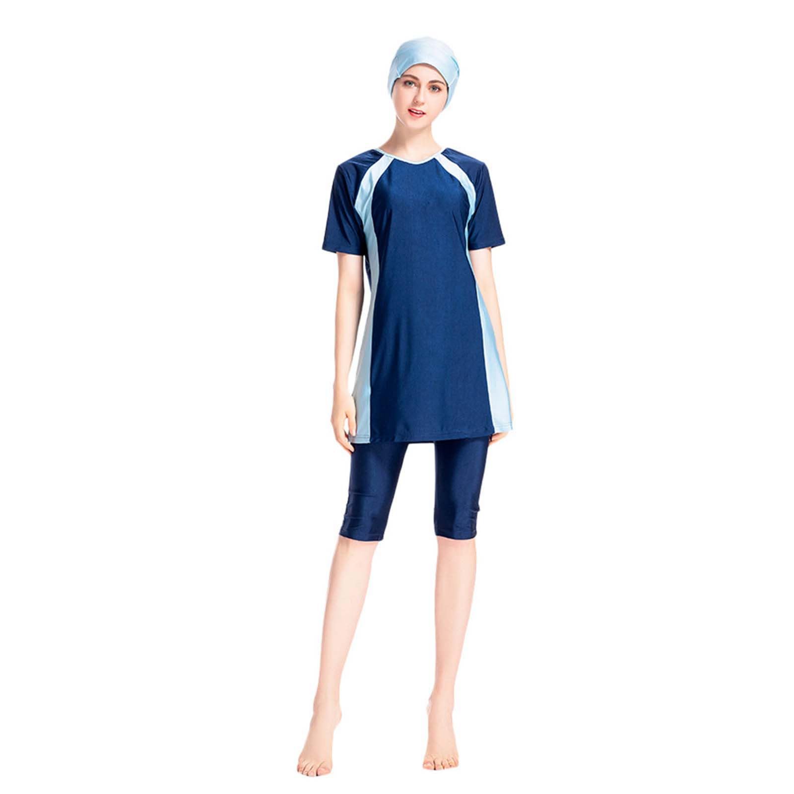 Burkini Costume da bagno da donna musulmano con cappuccio tinta unita Beachwear Costume da bagno Burkini manica corta top e pantaloni islamici 2 pezzi modesti costumi da bagno Beachwear con