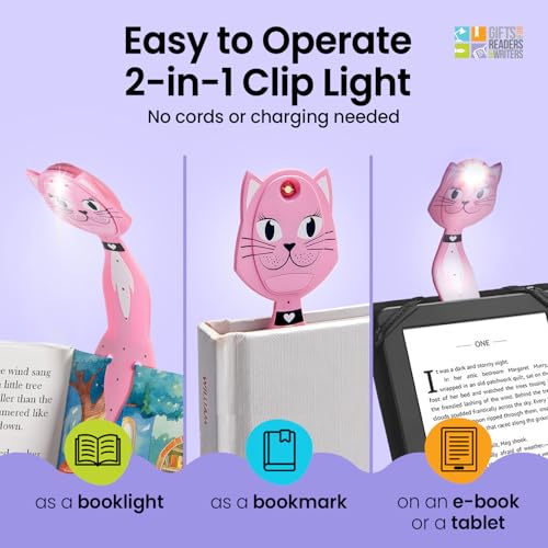 Image of Gifts for Readers & Writers Book Light for Kids, Clip On Reading Light for Bed, 2in1 Flexilight Pals & Bookmark, Small & Lightweight with a Soft Glow, 2 Batteries Included, Cat