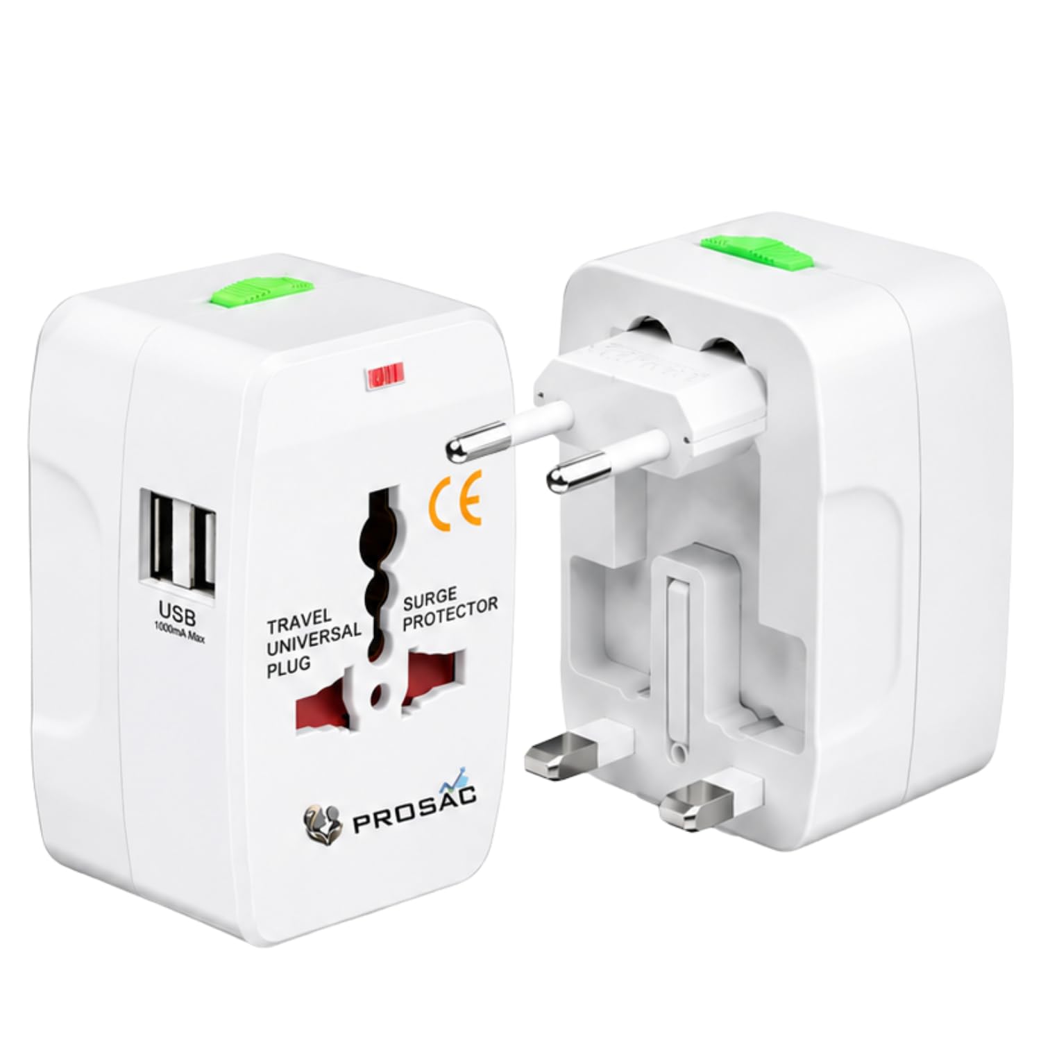 prosac universal travel adapter with dual usb ports, international all-in-one plug for 224+ countries (us/uk/eu/au), 6a ac socket, compact worldwide travel charger (white)
