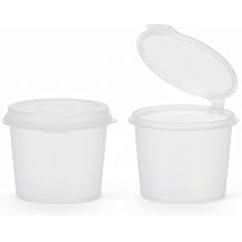 GSP 1oz Clear Plastic Portion Cups with Hinged Lids Leak-Proof, Stackable, Durable cups for meal prep, dressings, jello shots, condiments, samples, desserts, crafts, paints and parties 100 Pack