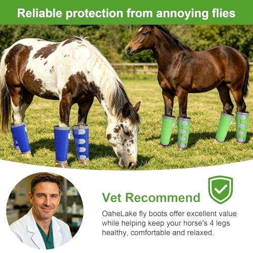 Image of Reflective Horse Fly Boots Set of 4, Breathable Adjustable Equine Fly Leg Wraps for Horses, Universal Fit Loose Fitting Leggings with Stay Put Design (Green)