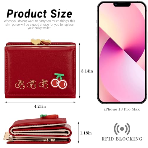 Image of YINHEXI Wallet Women, RFID Blocking Small Compact Trifold PU Leather Card Holder Purse with Coin Pocket & ID Window for Ladies, Teens, and Girls (Cherry Red)