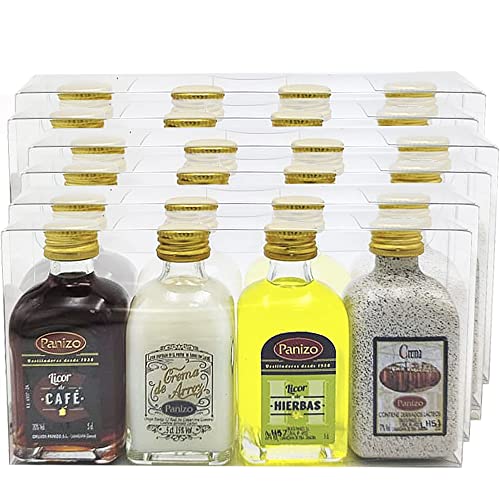Caja de 14 estuches de licores Panizo para regalar. Licores miniaturas de 20 cl. de Licor de Hierbas, Crema de Orujo, Crema de Arroz y Caramelorujo Panizo