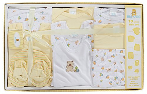 Big Oshi 10 Piece Layette Newborn Baby Gift Set - Great Baby Shower or Registry Gift Box to Welcome a New Arrival - All Essentials - 2 Bodysuits, 4 Shirts, Bib, Pants, Booties, Cap, Yellow
