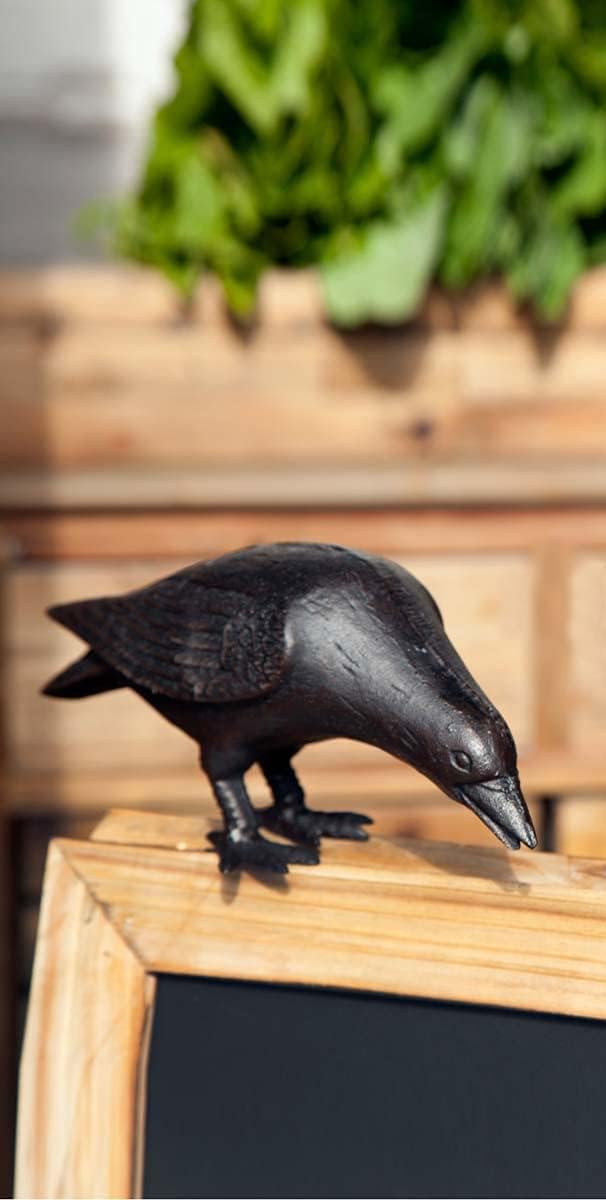 Green Vista Cast Iron Crow Statue Indoor/Outdoor Decor Bird Figurine - Head Down