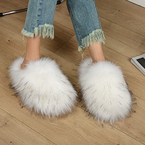 Women's Fuzzy House Slippers Soft Plush Furry faux raccoon Fur Toe covering Winter Warm Comfy Slip On Breathable Sandals Indoor Outdoor Slippers for Women and Girls4