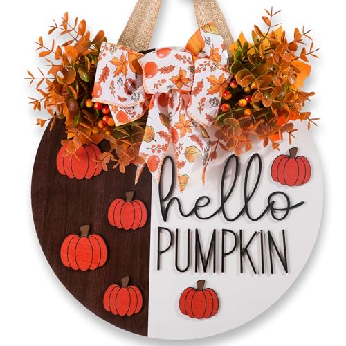 3D Hello Pumpkin Wooden Sign, Fall Outdoor Wreath for Front