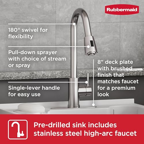 Image of Rubbermaid Utility Sink Laundry Tub, Freestanding All-in-One Sink with Premium Stainless Steel Sprayer Faucet, for Laundry Room, Basement, Garage, 24.1 inch L x 24.1 inch W x 52.5 inch H, White