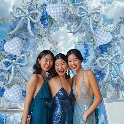 Dusty Blue Bow Foil Balloons Set – 4PCS Blue Coquette Party Balloons for Girls Birthday, Princess Baby Shower, Beach Bridal Shower,Gingham Birthday Decor, Bow-Themed Party Decorations by BlissBash - Used condition - Image 3