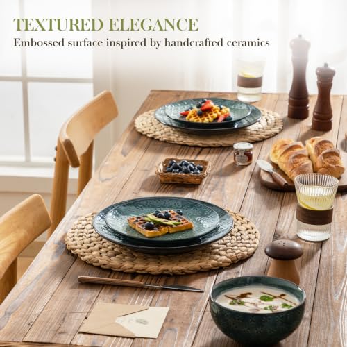 Image of MALACASA 12 Pieces Dinnerware Sets, Farmhouse Plates and Bowls Sets, Embossed Green Dish Set for 4, Vintage Relief Ceramic Dish Set, Chip-Resistant, Microwave and Dishwasher Safe, Series LYDIA