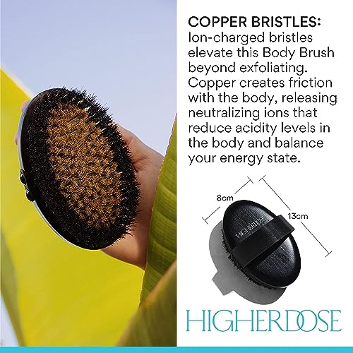 HigherDOSE Supercharge Copper Body Brush and Ritual Oil - Lymphatic Drainage Dry Brush to Accelerate Drainage of Toxins with Ion Charged Bristles - Ayurvedic Nourishing Body Oil for Dry Skin (2 Pcs)