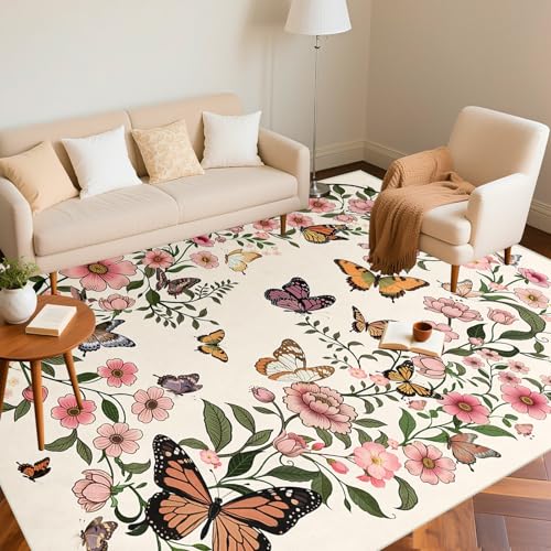 Floral Butterfly 9'x12' Area Rugs - Floral Butterfly Area Rug 9x12 for Living Room Entryway Soft Beige Washable Rugs Ultra-Thin Indoor Door Mat