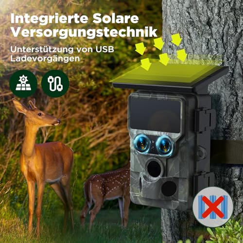 VOOPEAK Duales Objektiv Solar Wildkamera WLAN 4K 30FPS 60MP, Sternenlicht Nachtsicht Wildtierkamera...