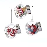 Kurt Adler GLASS CANDY JAR WITH JAW BUSTER CANDY, RIBBON CANDY AND CANDY CANE ORNAMENT - 3 ASSORTED