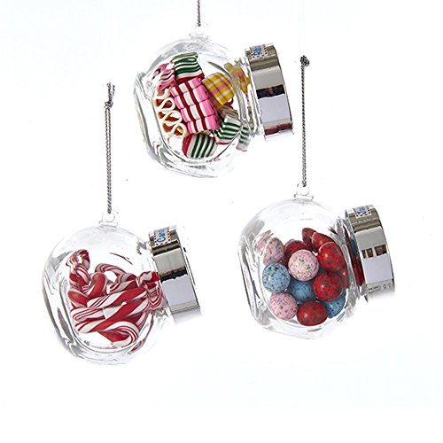 Kurt Adler Glass Candy JAR JAW Buster Candy, Ribbon Candy Candy Cane Ornament - 3 Assorted