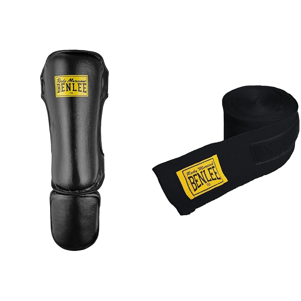 BENLEE Schienbeinschoner aus Kunstleder (1 Paar) Guardian Black S/M & Elastische Boxbandage 3,0m
