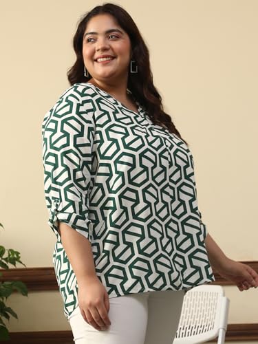 Image of oxolloxo Women Plus Size Green Abstract Rayon Print V-Neck with Long Roll up Sleeve & Pleate Detail Top