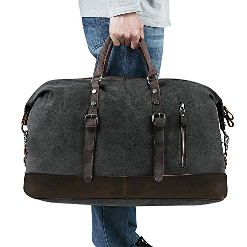BLUBOON Canvas Overnight Bag Travel Duffel Genuine Leather for Men and Women Weekender Tote (Dark Grey)