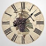 BYRON HOYLE Wood Wall Clock Purple Grapes Clock- Wine Grapes Clock 15" Round Hanging Clock Rustic Tu