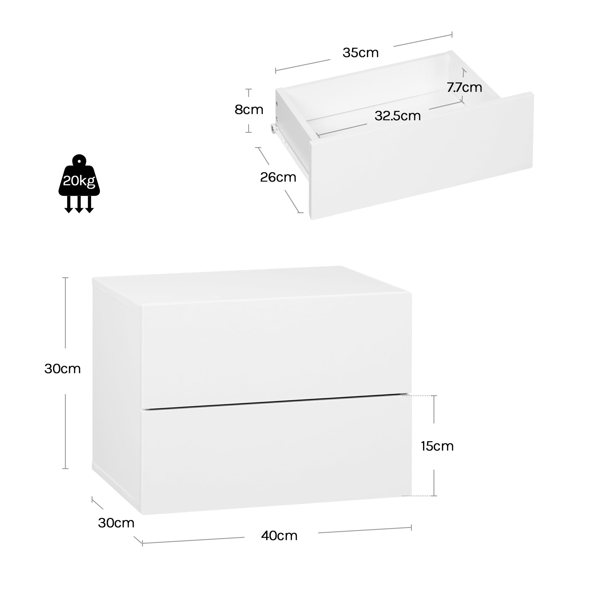 WOLTU Set di 2 Comodini Sospesi con Cassetto, Comodini Galleggianti, 40x30x30 cm, Mobili per Camera da Letto in Legno, Salvaspazio, Moderno, Bianco