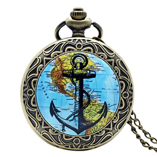 ZMKW Collar de Vela de Globo Antiguo Planeta Tierra Mapa del Mundo Reloj de Bolsillo de Cuarzo Cadena Steampunk Cubierta Colgante Marino, predeterminado