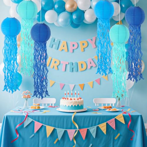 Image of Set of 6 Hanging Jellyfish Paper Lanterns Blue Jellyfish Decor for The Sea Ocean Party, Mermaid Birthday Decoration, Baby Shower, Nautical Events (Blue)