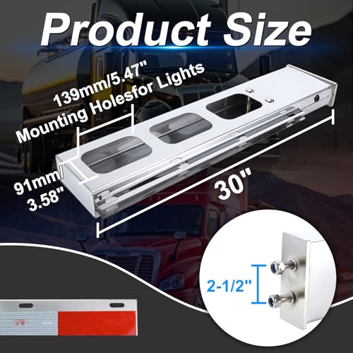 Image of Stainless Steel Mud Flap Hanger Set with Rectangle Light Cutouts 2-1 /2 inch Bolt Spacing 30 inch Length Rear Bar for Semi Trucks, 2.5 inch Bolt Spring Loaded with Aluminum Reflective Tapes