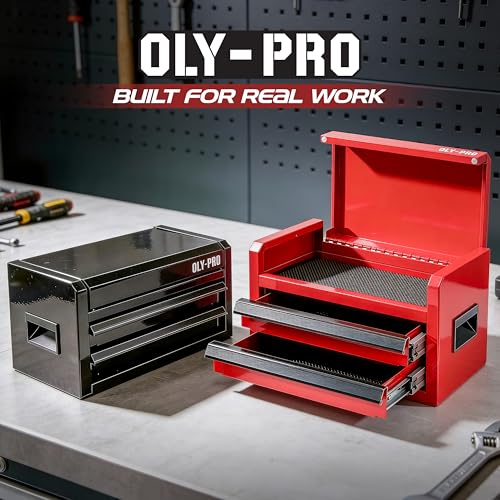 OLY-PRO Mini Toolbox with 2 Drawers and Top Storage, Durable Steel Construction with Ball-Bearing Slides, Multi-Purpose Portable Tool Boxes Case Organizer for Garage, Red