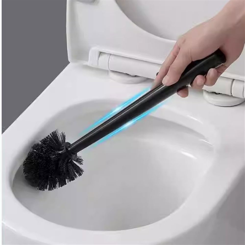 Juego de escobilla de inodoro con base estable, diseño redondo negro, mango largo, cepillo de plástico para limpieza de suelos, accesorio esencial de baño