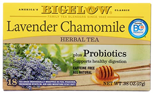 Bigelow Lavender Chamomile Plus Probiotics Herbal Tea, Caffeine Free, 18 Count (Pack of 6), 108 Total Tea Bags