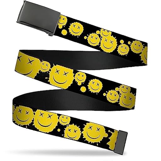 Buckle-Down Cinturón, Flip Web Belt Smiley Face Splatter disperso negro amarillo, ajustable, Negro -, 1.5" Wide - Fits up to Pant Size 42 | Ya disponible en tu tienda friki favorita! En mundofriki.es!