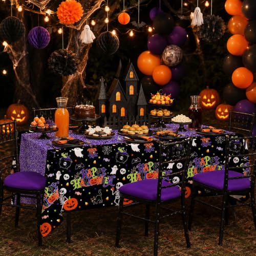 Image of 2 Pack Halloween Tablecloth, 54 x 108 Inch Disposable Plastic Table Cover, Purple Halloween Party Decorations for Halloween Decor Party Supplies