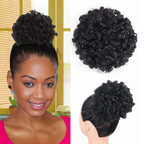 Dmovinse Afro Puff Ponytail for Black Women Culy Wavy Short Drawstring Ponytail Extension Synthetic Hairpieces Mini Afro Bun(1B#)