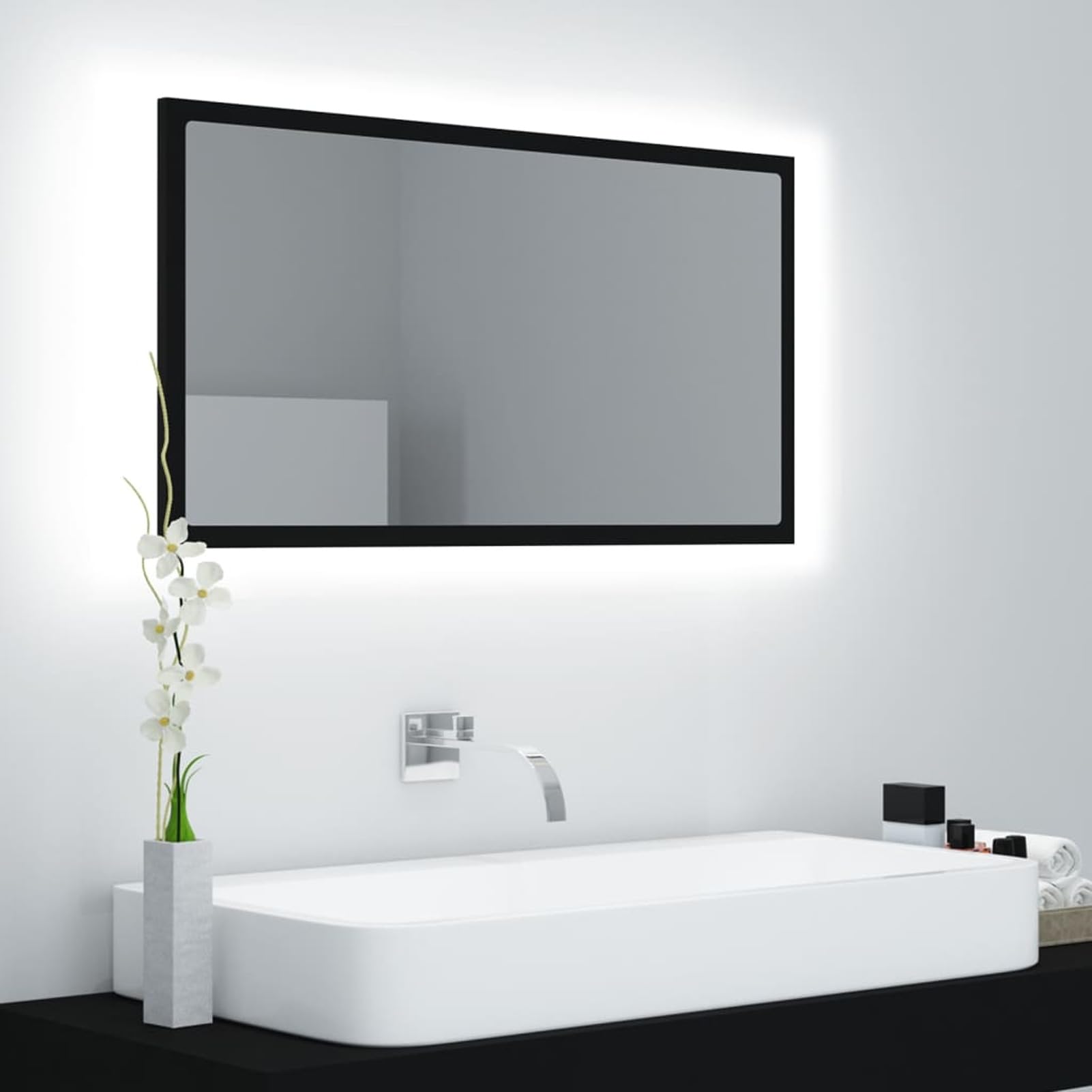 BaraSh Espejo baño LED Negro acrílico 80x8,5x37 cm Espejo BañO con Luz Y Estantes