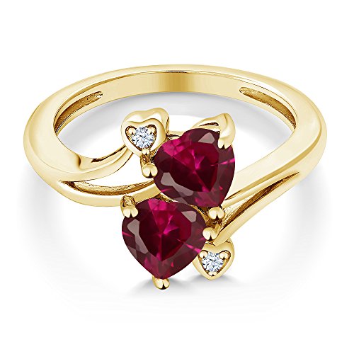 Gem Stone King 1.95 Cttw 10K Yellow Gold Red Created Ruby 2 Heart Shape Engagement Ring For Women | 6MM Heart | Wedding Anniversary Promise Ring | Available in size 5, 6, 7, 8, 93