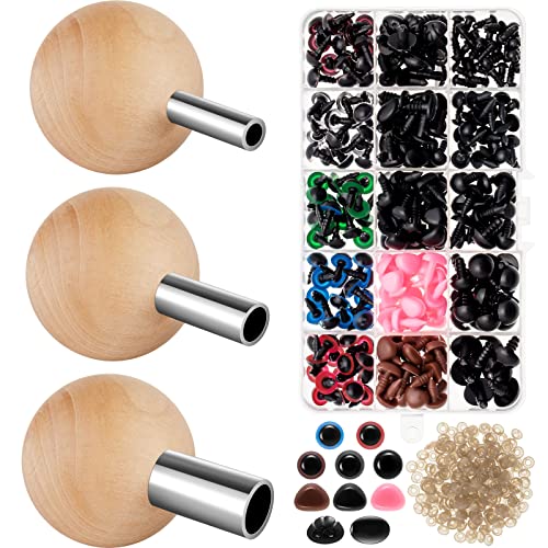 3 Pcs Safety Eye Tool Auxiliary Tools for Attaching Washers and 280 Pcs Plastic Craft Crochet Eyes Doll Eyes and Noses with Washers Set, Safety Eye Tool for DIY Amigurumi Puppet Bear Stuffed Animals