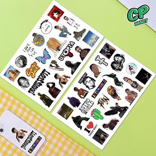 Image of Pack of 45 Travis Scott Stickers - Waterproof Vinyl Decals for Laptop, Water Bottle, Phone, Skateboard & More | Trendy Rapper Stickers for Fans | Hip-Hop Culture Stickers