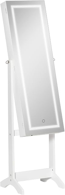HOMCOM Jewellery Cabinet with LED Light, Lockable Jewellery Organiser with Full-Length Mirror for Bedroom Dressing Room, White