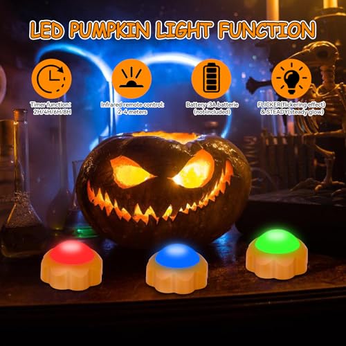 Image of Halloween Pumpkin Lights Battery Operated, Remote Control Always On /Colorful Candlelight Ambient Light Multi-Function Timing Bedside Light for Bedroom