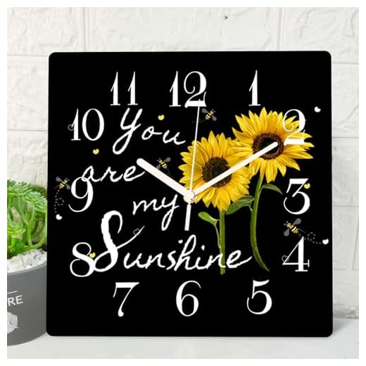 ArtSocket Wooden Wall Clock Silent Non-Ticking, Sunflower Yellow Sunshine Bee Black Square Rustic Wall Clocks Decor for Home Kitchen Living Room Office, Battery Operated(12 Inch)