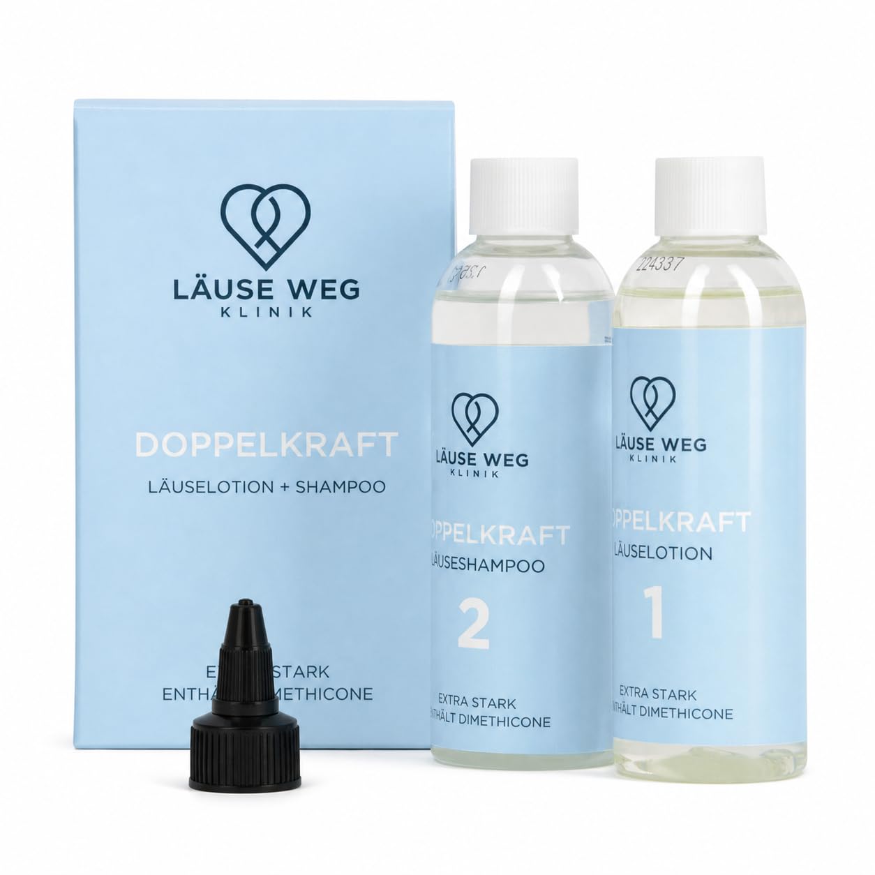 Läuse Weg Klinik – Premium Läuseshampoo in Kombination mit hochdosierter Lotion für Erwachsene und Kinder – Effektives Läusemittel auf Basis von Dimeticon mit Eukalyptus und Limonen Duft – 2 x 100 ml | Gegen Läuse und Nissen
