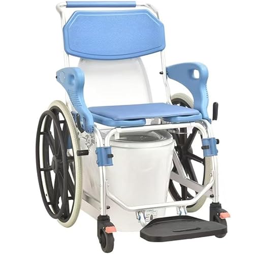 アルミ合金シャワー車椅子、自走式ホイールと便器付きローリングシャワーチェア、高齢者や障害者向けの軽量バスルームチェア