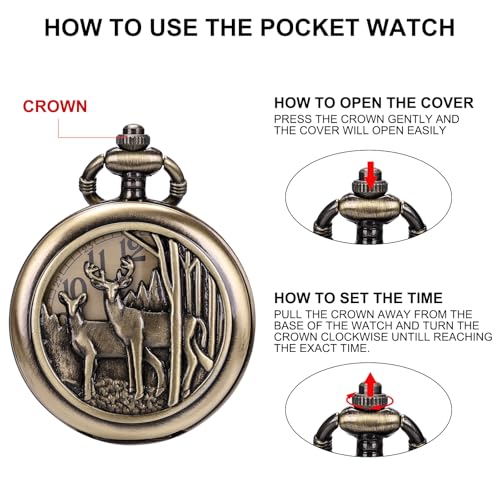 Image of SIBOSUN Pocket Watch with Chain Oversized 50MM 1.96 Inch Deer Reindeer Woodland Men Vintage Box Quartz Pocket Watches Analog