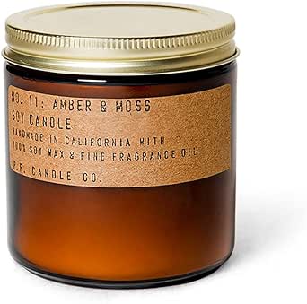 P.F. Candle Co. Amber &amp; Moss Classic Large Scented Soy Wax Candle (12.5 oz) 60-70 Hour Burn Time, Cotton Wick, Amber Glass Jar