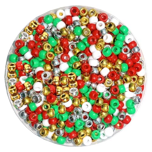 1200 pcs Christmas Pony Beads Plastic Bead for Candy Cane Crafts Christmas Bead for Crafts Jewelry Making Pony Beads Bulk for Christmas and New Years(Gold White Red Green Silver)