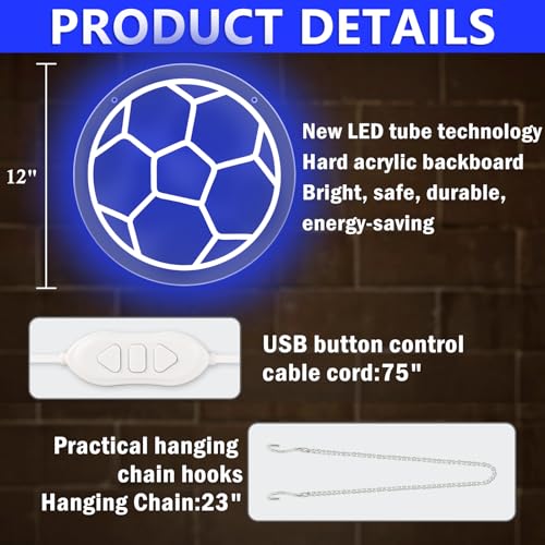 Image of Soccer Neon Sign, Dimmable Football Led Light, 12'' X 12'' with Hanging Chain Hooks, Home Neon Powered by USB, Suitable for Game Room, Club, Gifts, Birthday Party (Blue)
